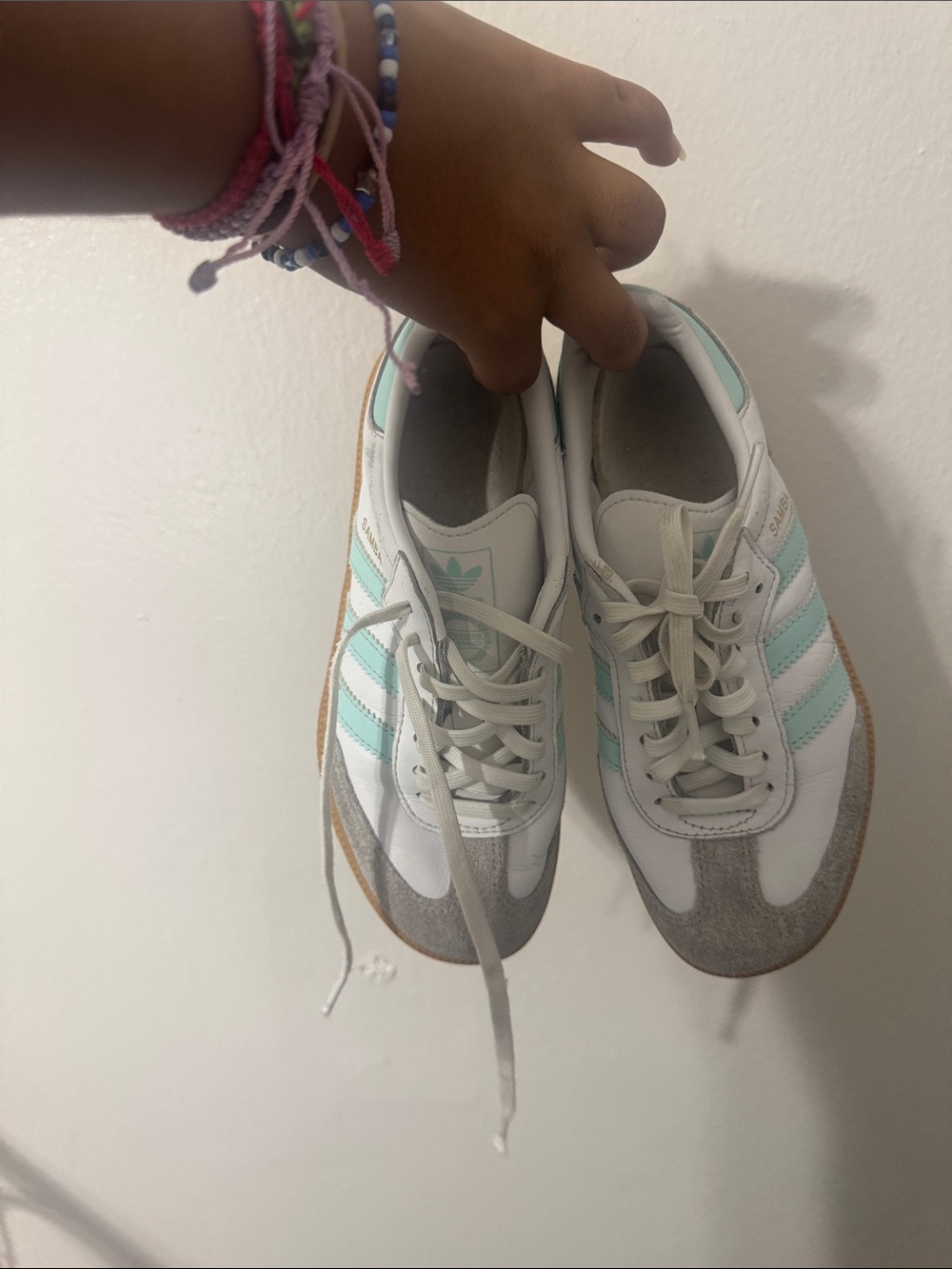 adidas White Sneakers with Mint Stripes and Gum Sole